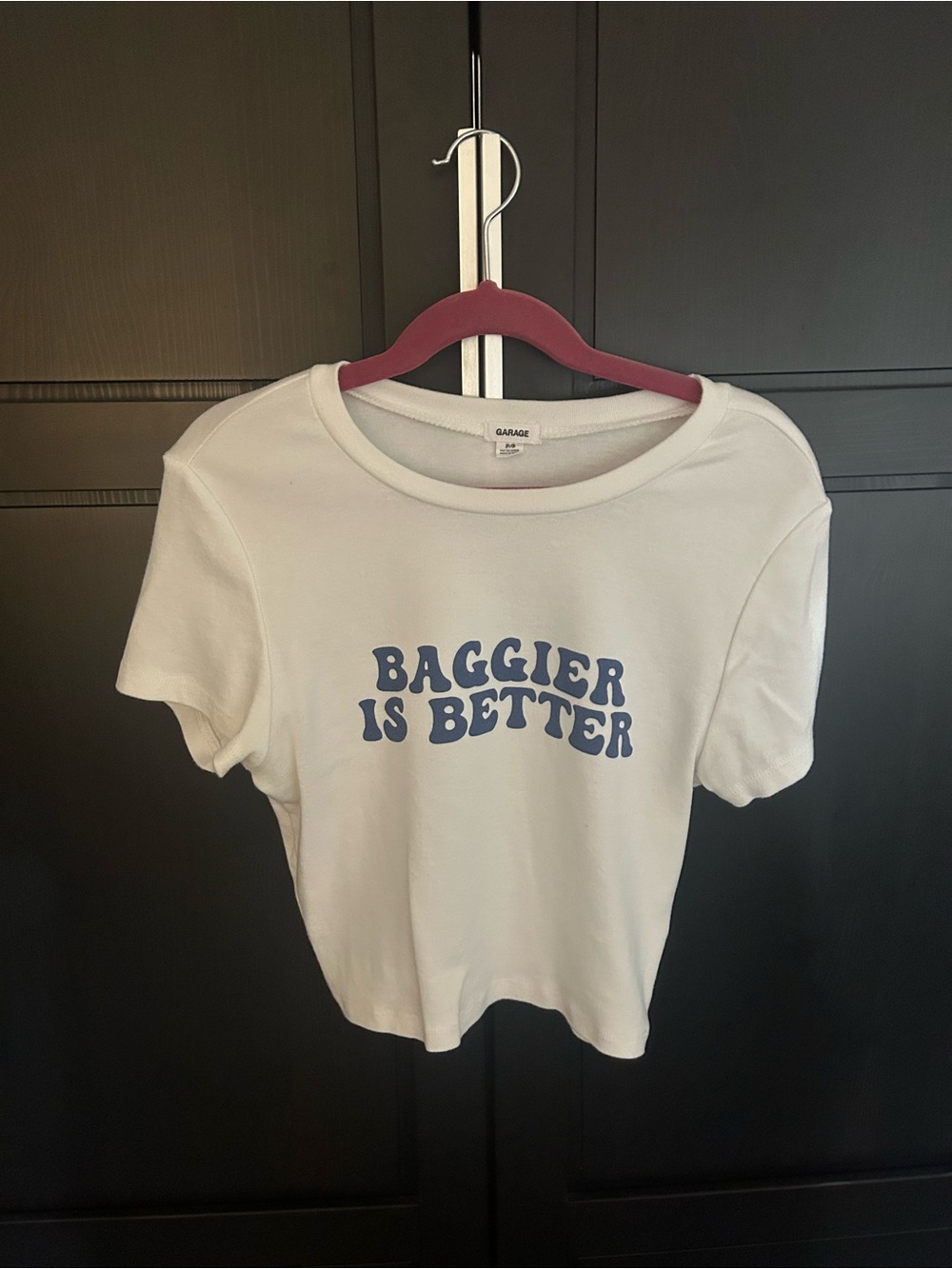 Garage White Tee with Blue "Baggier Is Better" Graphic